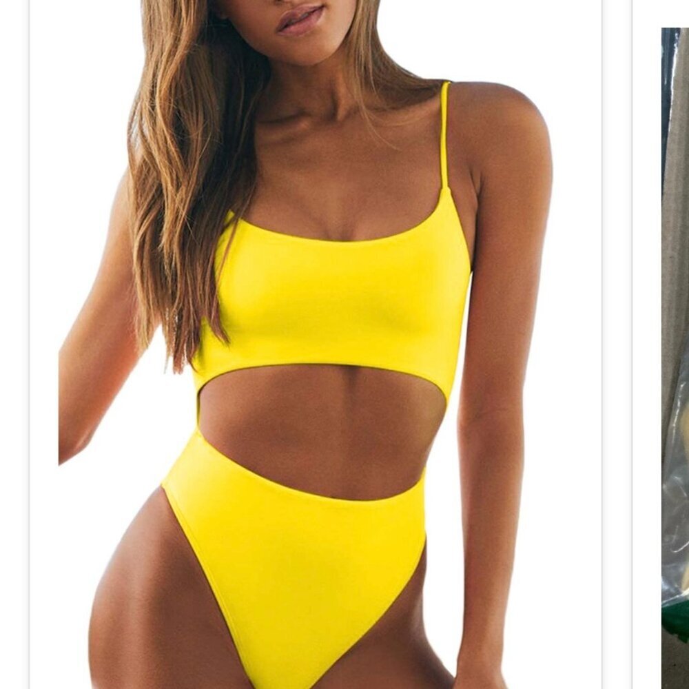 High Leg One piece Swimsuit Backless - Yellow Size L/0074